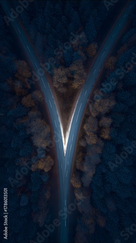 pivotal. Aerial view of a forked path in an autumn forest, representing pivotal life choices. representing seasonal cycles and harvest abundance.