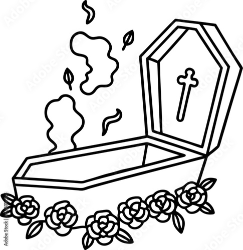 Open wooden coffin with cross symbol, emitting vapor and surrounded by blooming flowers death, funeral, mourning concept