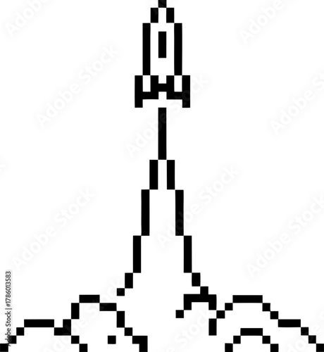 Pixel art rocket launching upward, trail of smoke, retro 8 bit spaceship isolated on white, minimalistic sci fi concept