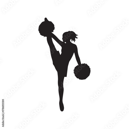 Silhouette of a cheerleader performing a high kick with pom-poms, arm raised, in a dynamic pose against a white background.