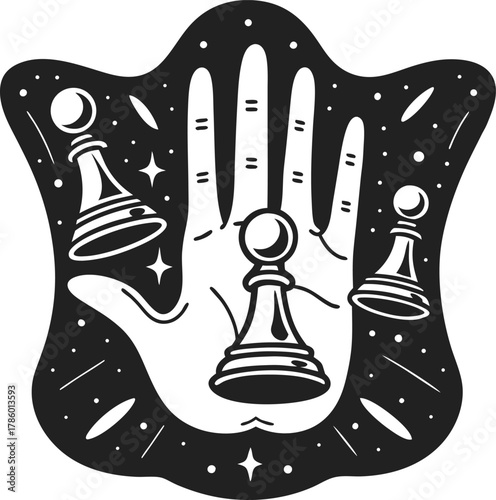 hand with chess pawns levitating, cosmic background strategic thinking, mystic gameplay, decision making metaphors