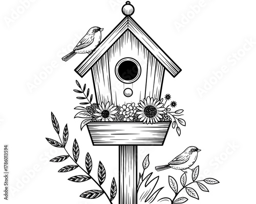 Charming black and white illustration of a birdhouse with flowers and birds