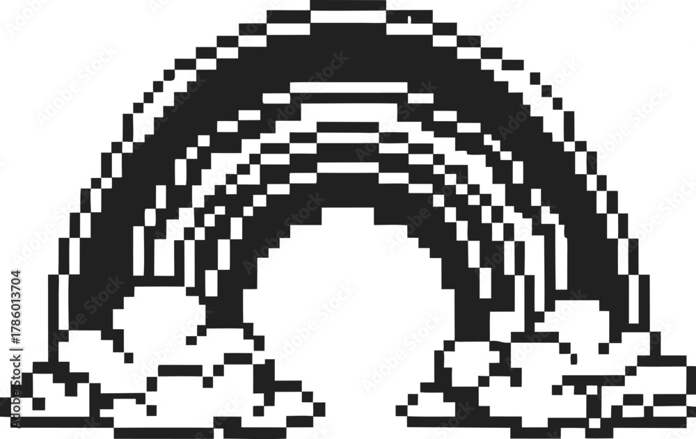 Fototapeta premium Monochrome pixel rainbow with clouds, retro digital black and white 8 bit illustration, minimal aesthetic icon