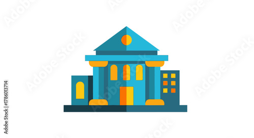Flat Design Illustration of a Bank Building with Columns and a Pediment.