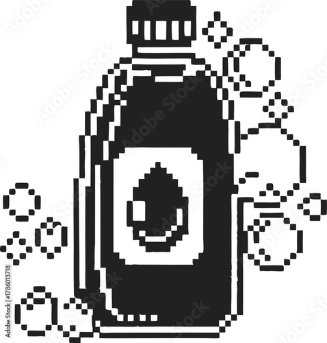 Pixel art soap bottle with bubbles black and white retro cleaning item illustration, hygiene and cleanliness pixelated concept