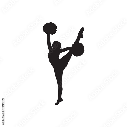Silhouette of a cheerleader in a split leap, holding pom-poms, isolated on a white background, showcasing athleticism and performance.