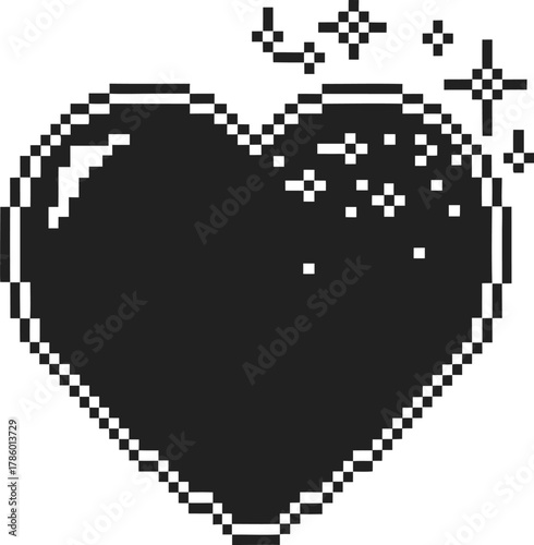 Pixel heart icon in black digital love symbol, glitter effect on retro 8 bit heart shape, minimal pixelated graphic