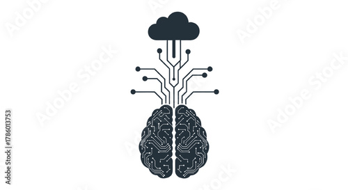 Digital brain connected to a cloud through intricate circuitry representing artificial intelligence and cloud computing integration