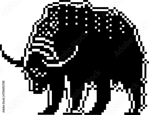 Pixel art silhouette of musk ox grazing, retro black and white illustration for vintage minimal animal design