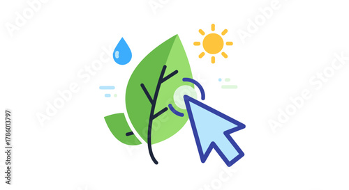 Green leaf with water drop and sun, cursor pointing at it.