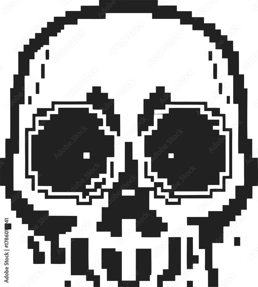 Obraz premium Pixelated skull illustration with melting effect retro black and white digital art, eerie horror, spooky gothic design