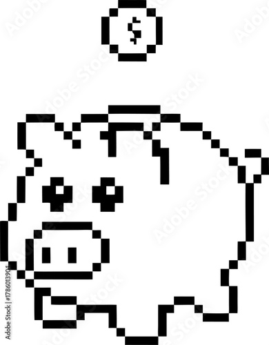 Pixel art piggy bank with coin dropping above retro savings symbol, black and white minimalist digital finance icon
