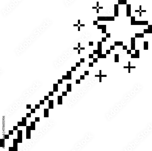 Pixel art magic wand with sparkling star retro digital fantasy element, simple black and white wizard tool, enchanted power