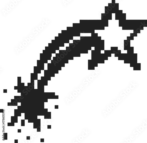 Pixelated shooting star in monochrome, retro video game design eight bit falling star icon with pixel dust trail illustration
