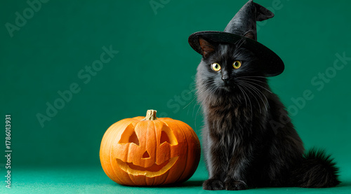 A black cat in a witch hat poses by a smiling pumpkin on a bright green backdrop, celebrating Halloween
