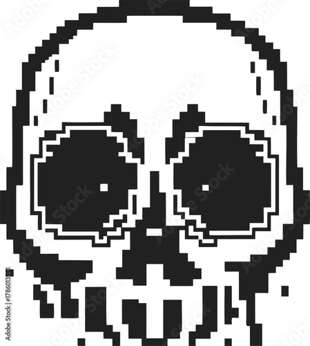 Pixelated skull illustration with melting effect retro black and white digital art, eerie horror, spooky gothic design