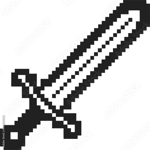 Pixel art sword icon retro pixelated weapon, black and white gaming object, simple medieval blade for video game interface