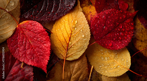 Vibrant autumn leaves in shades of red, yellow, and orange are adorned with raindrops in a peaceful forest