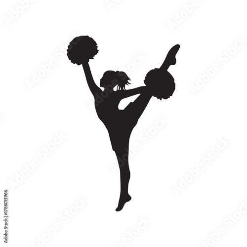 Silhouette of a cheerleader performing a high kick and holding pom-poms, isolated on white.