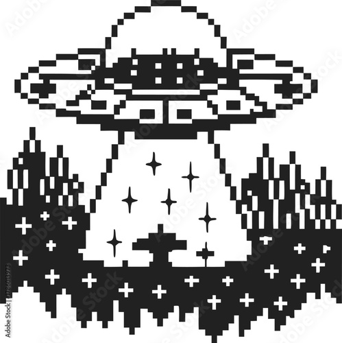 Retro pixel art ufo spaceship abducting silhouette in night cityscape with glowing beam and sparkling stars alien invasion theme