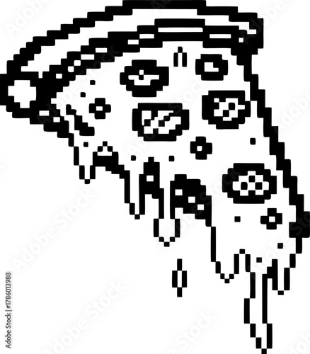 Pixelated melting pizza slice with cheese and pepperoni retro black and white digital art, fast food illustration