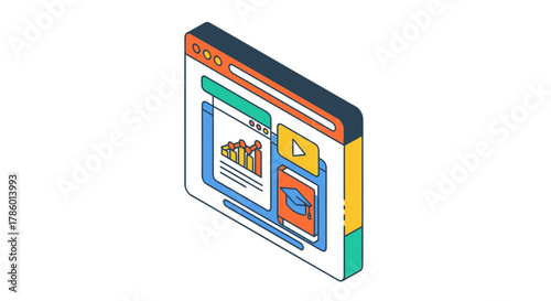 Isometric browser window with website user interface elements.