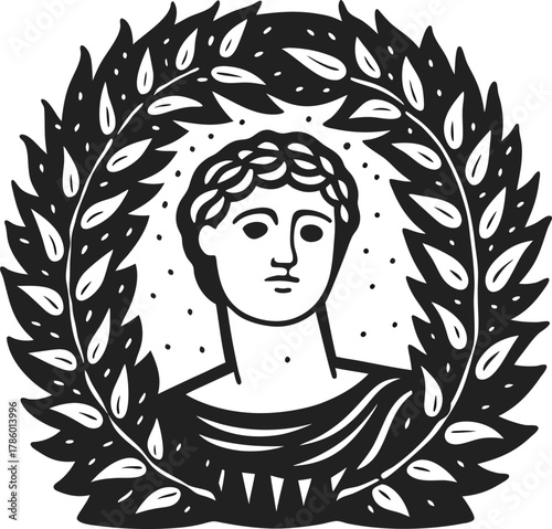 Ancient roman bust with laurel wreath classical sculpture head, vintage black and white illustration, victory and honor symbol
