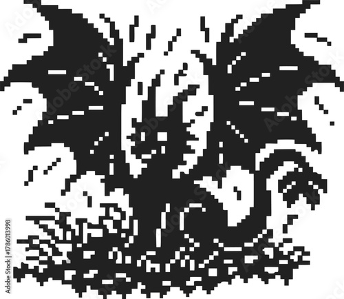 Pixel dragon illustration in black and white retro fantasy pixel art creature with wings, fire, and foliage for vintage game design