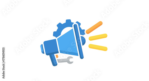 Megaphone and Gears Icon Representing Marketing Strategy and Promotion.