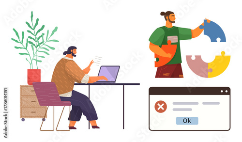 Person working at desk with laptop, another assembling puzzle pieces, and error message on screen. Ideal for teamwork, workflow, analytics, problem-solving, productivity, innovation simple flat