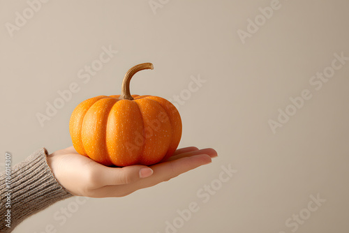 A person holds a bright orange pumpkin, marking autumn with soft neutral tones in the background