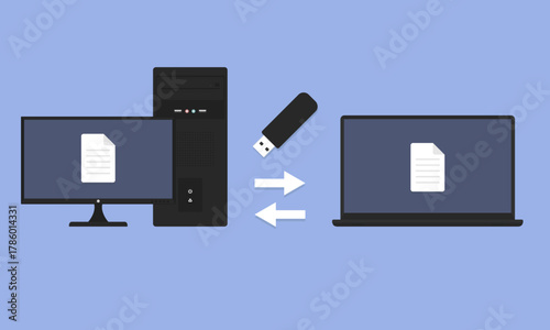 Flash Drive file transfer between desktop PC and laptop. Data exchange concept for themes of file exchange, portable storage, tech tutorials and digital workflow