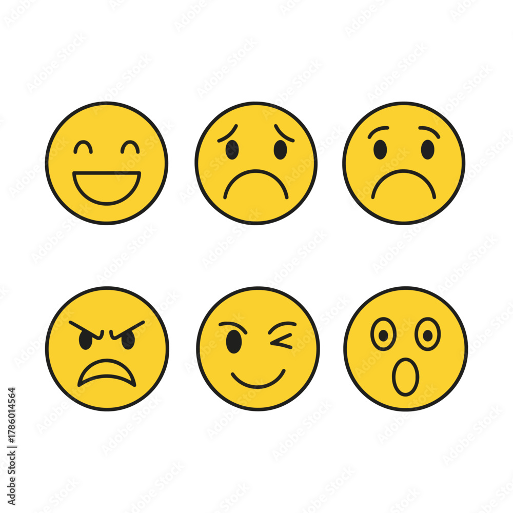 Fototapeta premium Six different yellow emoji faces expressing various human emotions and feelings.
