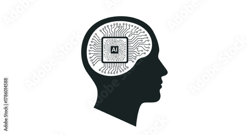 Artificial intelligence concept represented by a human head silhouette with a microchip and circuit board inside the brain area