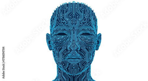 Abstract digital human face formed by intricate blue circuit board patterns against a clean white background
