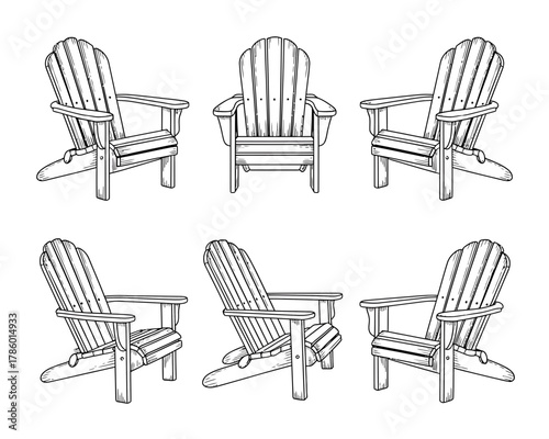 Set of adirondack chairs in various views hand drawn illustration