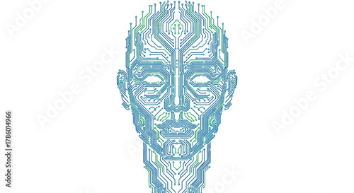 Abstract human face formed by intricate blue and green digital circuit board pathways on a white background