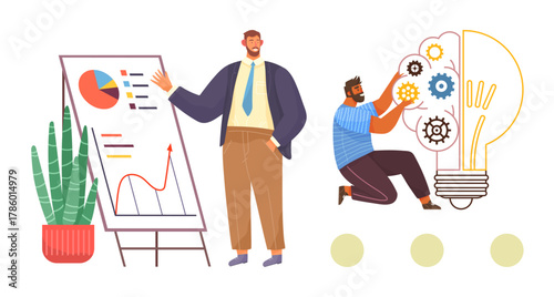 Colleague presenting statistics on chart while another adjusts gears in a large light bulb. Ideal for collaboration, innovation, business strategy, teamwork, analysis, growth, problem-solving. Simple