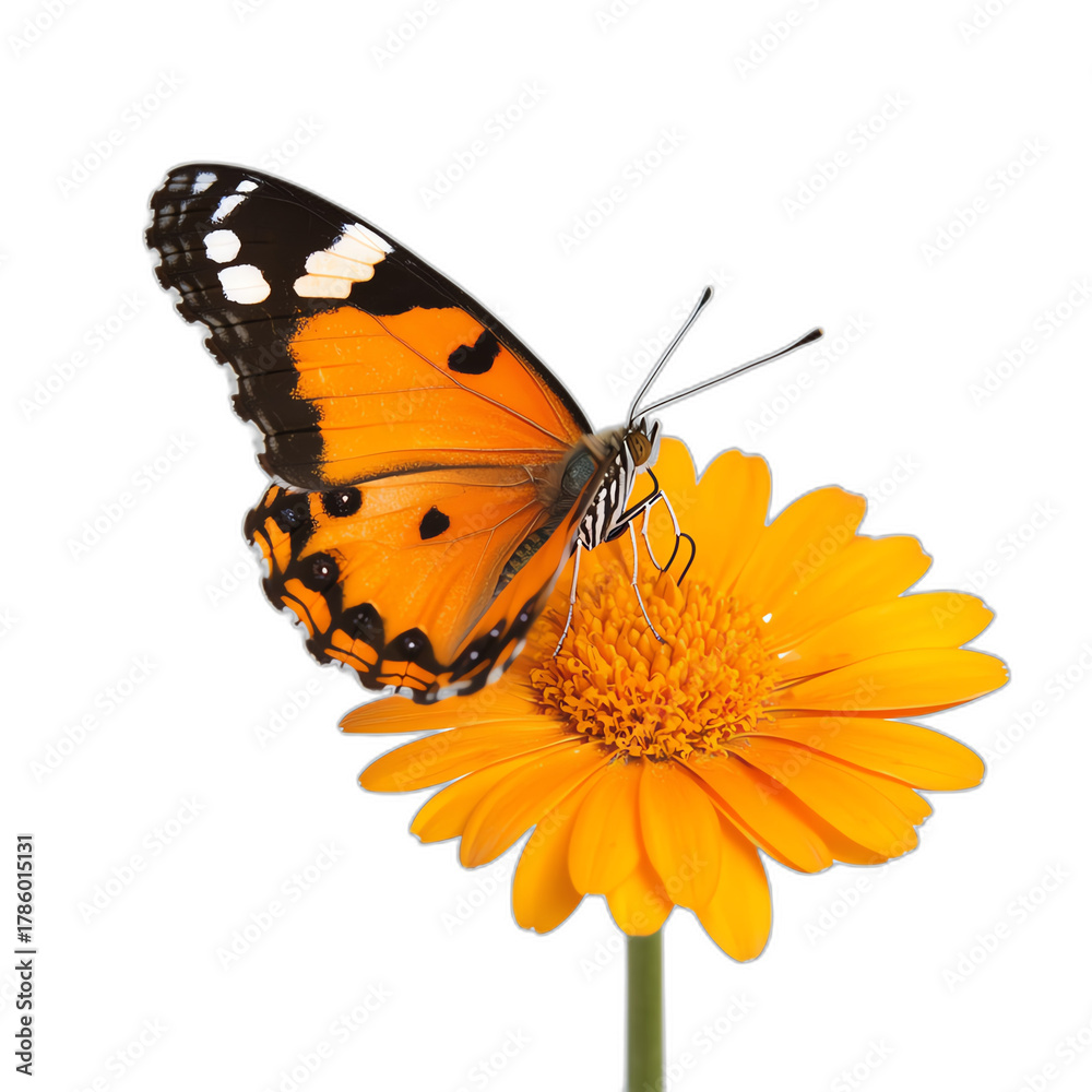 Fototapeta premium Butterfly on Flower: A vibrant monarch butterfly delicately perched on a bright yellow flower, its wings displaying intricate patterns. This close-up shot captures the beauty and fragility of nature.