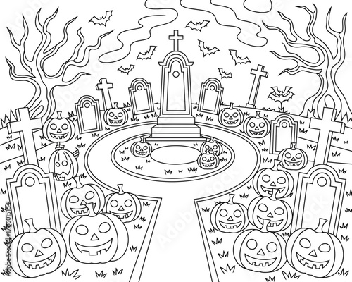 Spooky halloween graveyard scene with jack o lanterns and bats for coloring