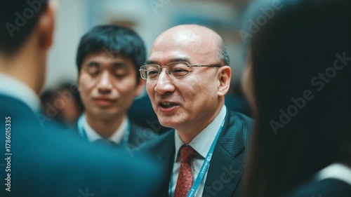 Engaging conversation among diverse professionals at a networking event with smiles and attentive expressions