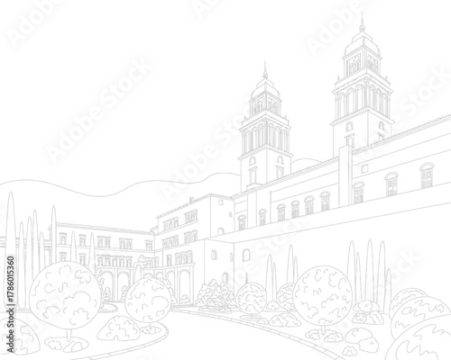Elegant architectural drawing of a grand building with towers and manicured gardens