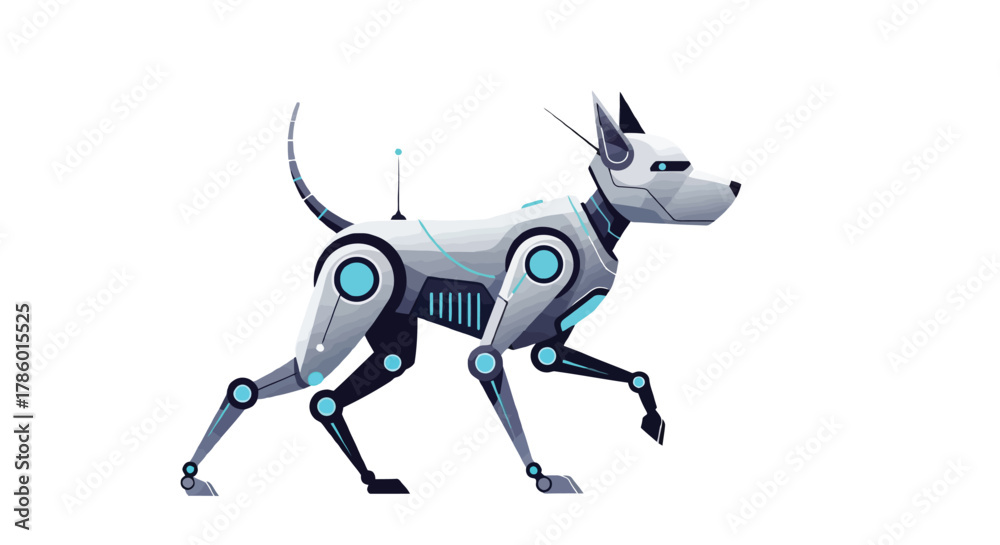 Obraz premium Futuristic robotic dog with glowing blue accents and antenna walking forward on a white background