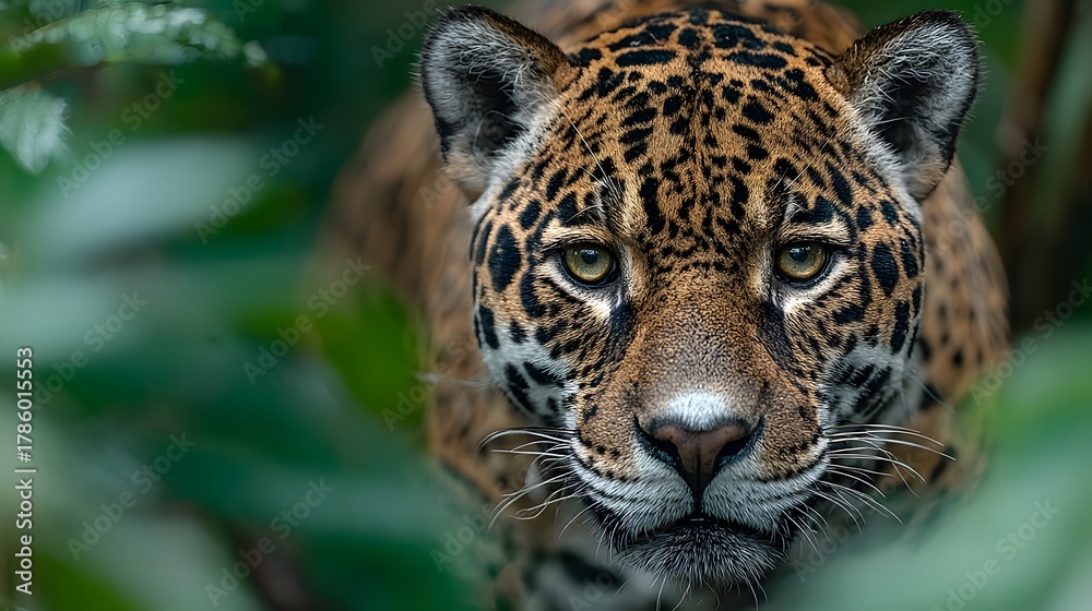Naklejka premium Magnificent jaguar walks through the dense, vibrant green foliage of the Amazon rainforest. Its spotted coat provides perfect camouflage as it looks intensely at the viewer.