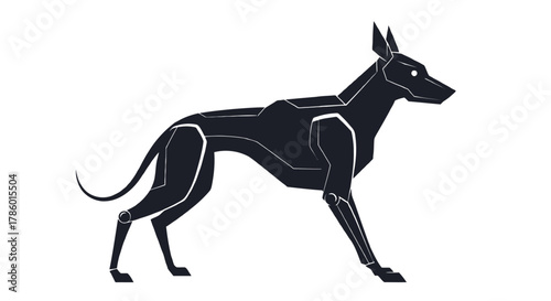 Sleek stylized dark silhouette of a robotic dog with sharp geometric lines and white accents on a white background