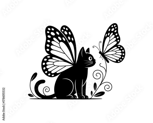 Black cat with butterfly wings and a butterfly companion