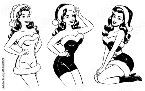 Three retro pin up girls in santa outfits posing
