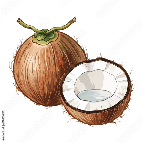 Illustration of a whole coconut and a halved coconut revealing the white flesh and liquid inside.