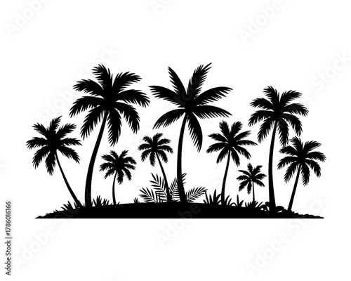 Silhouette of a tropical island with palm trees and lush vegetation