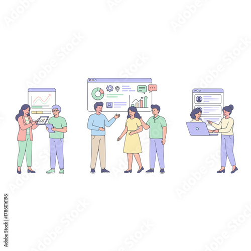 Diverse business team collaborates on data analysis dashboards displaying real time analytics across multiple digital devices in a modern office setting vibrant flat vector illustration